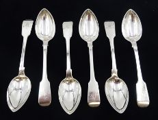 Set of six George IV York silver Fiddle pattern teaspoons