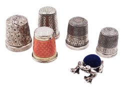 Silver orange guilloche enamel thimble