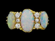 Early 20th century gold three stone opal and six stone old cut diamond ring