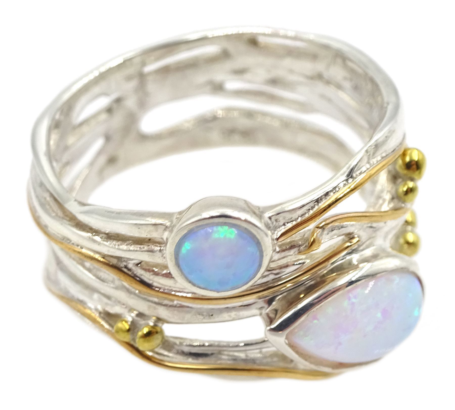 Silver and 14ct gold wire two stone opal ring - Image 3 of 4