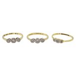 Three early 20th century gold three stone diamond chip rings