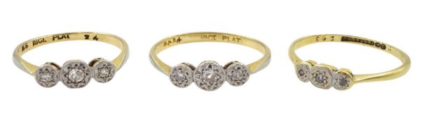 Three early 20th century gold three stone diamond chip rings