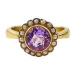 Early 20th century gold amethyst and seed pearl cluster ring