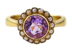 Early 20th century gold amethyst and seed pearl cluster ring