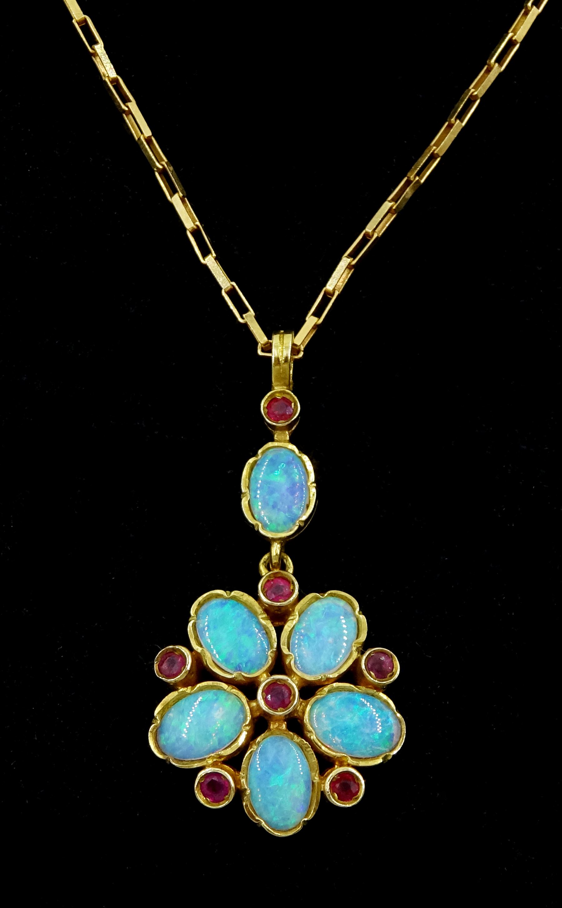 9ct gold opal and ruby flower pendant necklace
