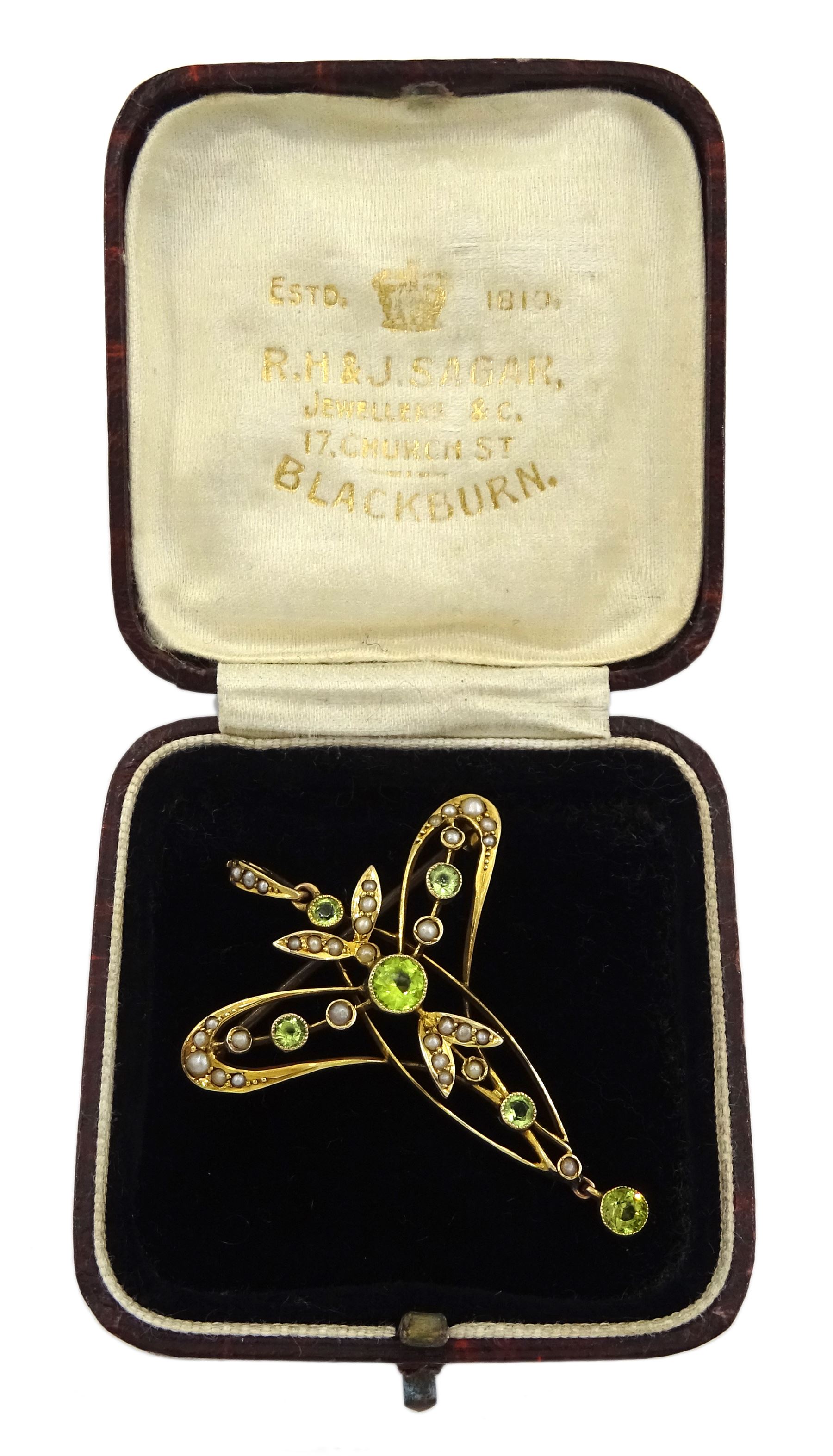 Edwardian Art Nouveau gold peridot and seed pearl pendant/brooch - Image 2 of 4