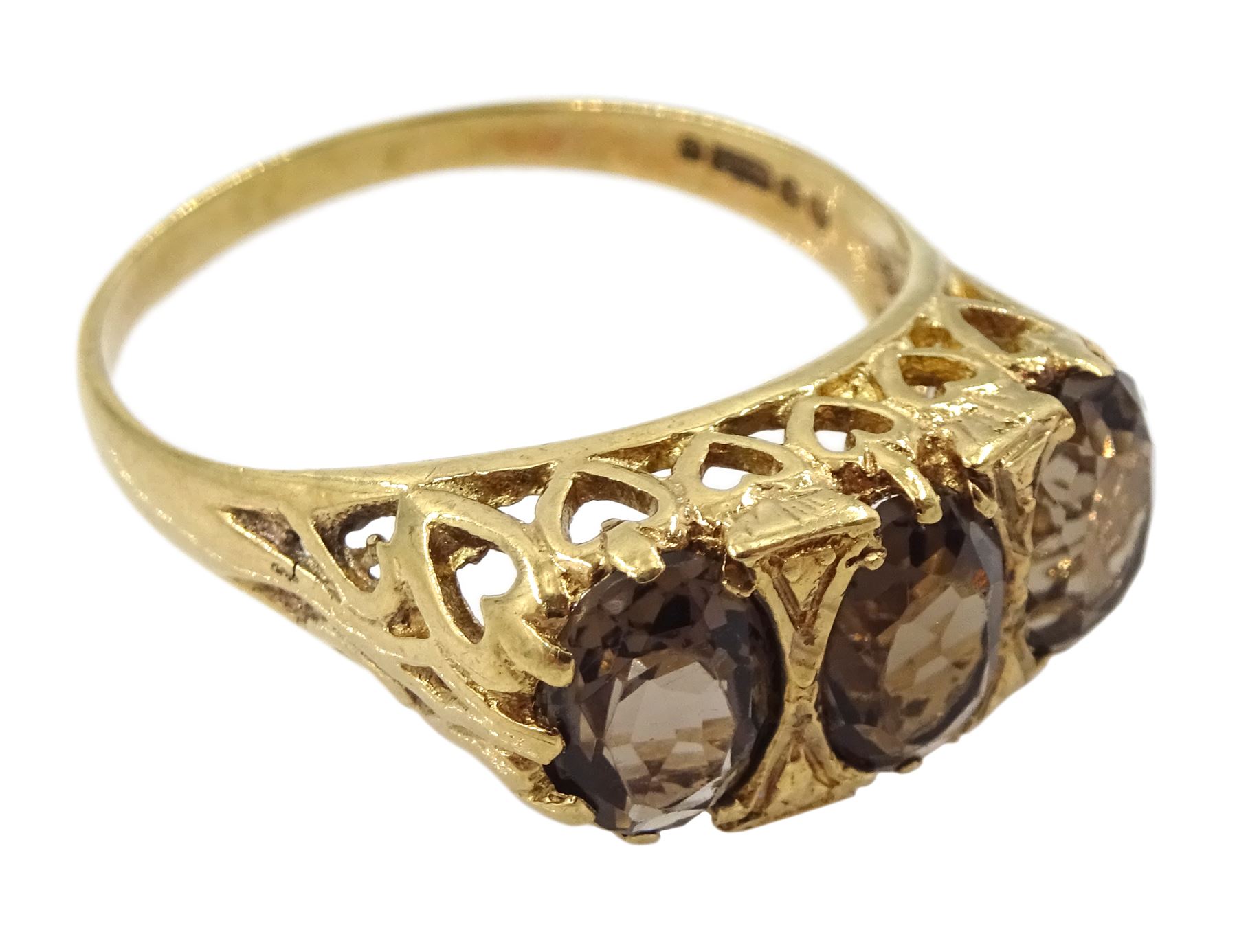 9ct gold three stone oval smoky quartz ring - Image 3 of 4