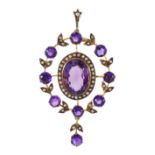 Edwardian gold amethyst and seed pearl pendant/brooch