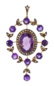 Edwardian gold amethyst and seed pearl pendant/brooch