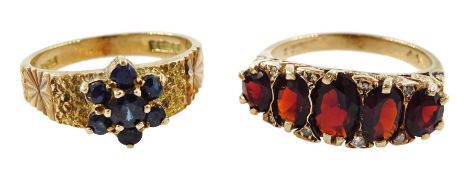 Gold garnet and diamond chip ring and a gold sapphire cluster ring