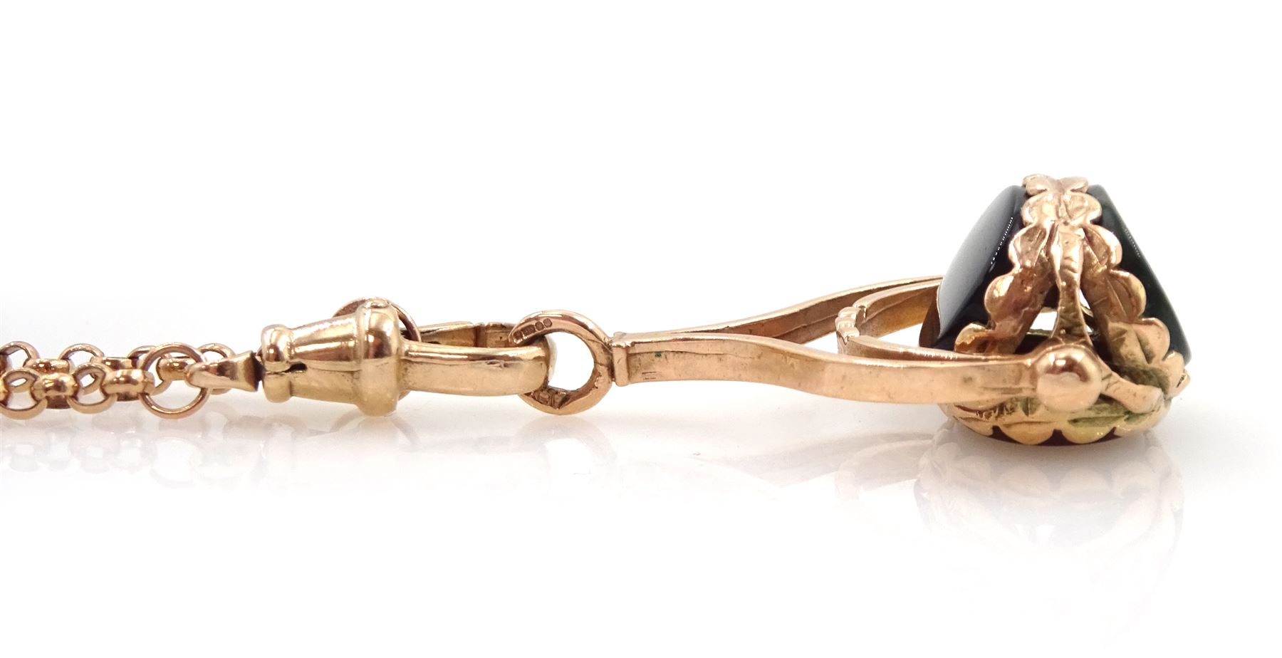 9ct gold belcher link necklace with clip and a 9ct rose gold spinner fob pendant set with onyx - Image 3 of 3