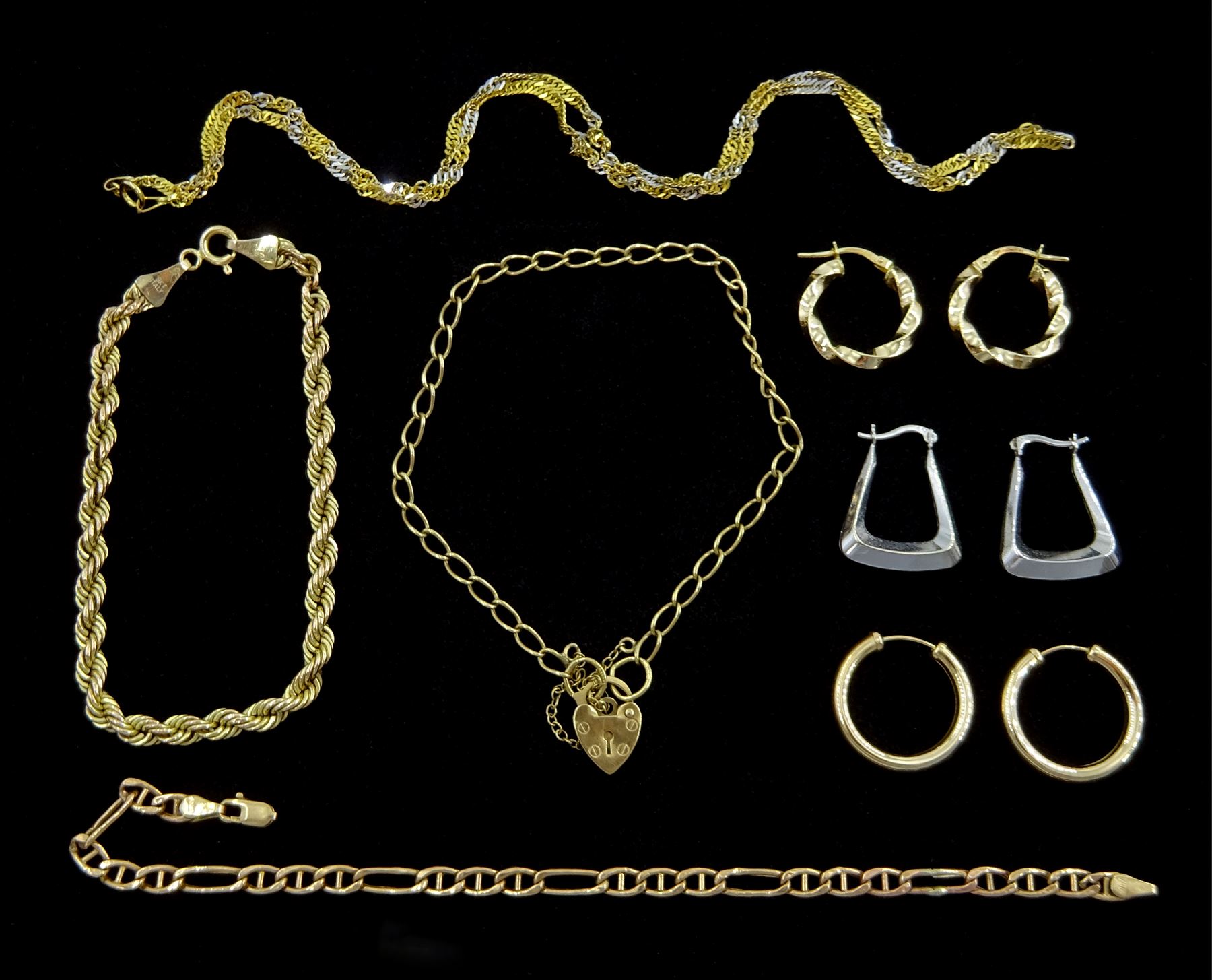 9ct gold jewellery including pair of three pairs of hoop earrings