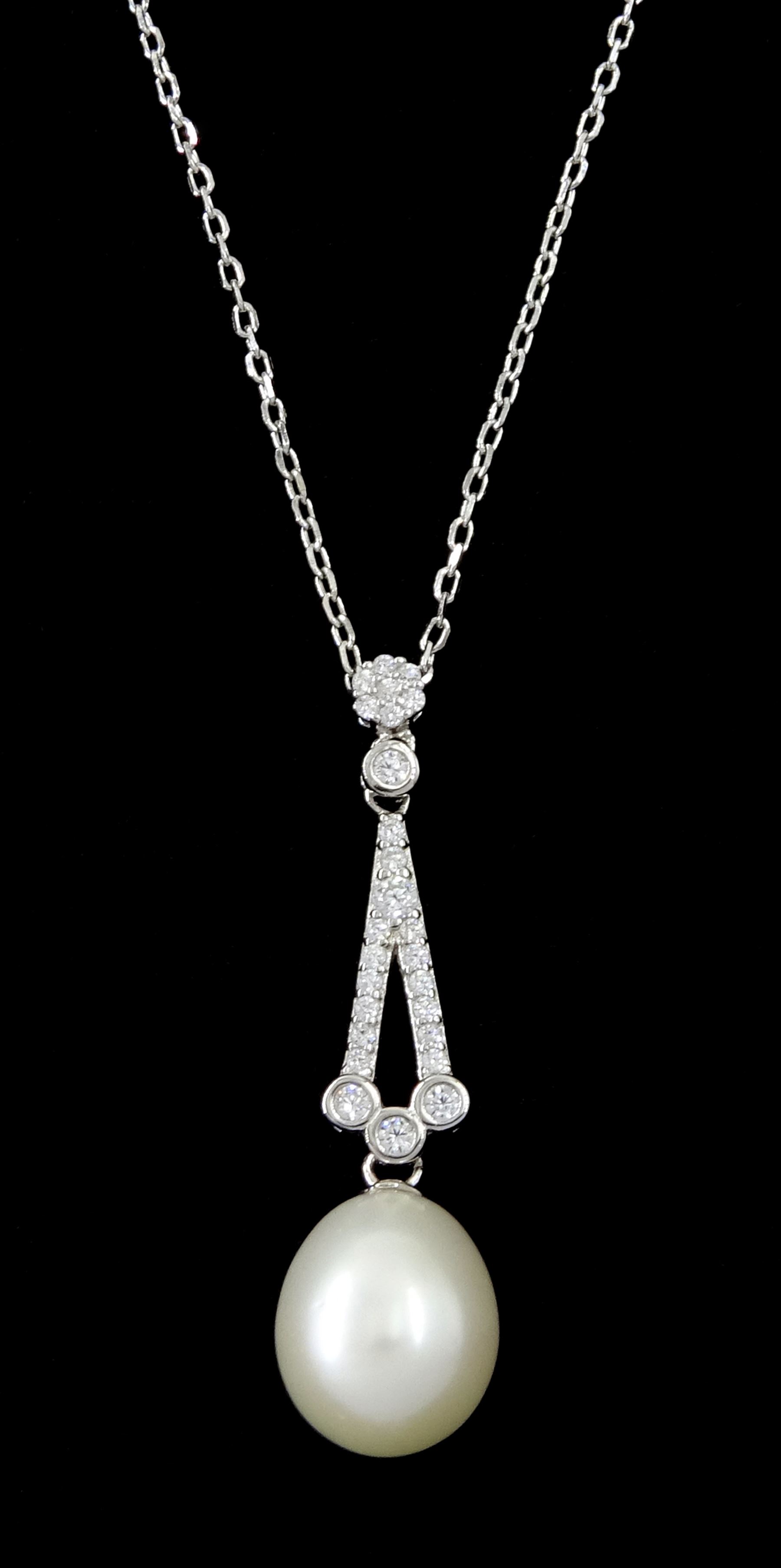 Silver cubic zirconia and pearl pendant necklace