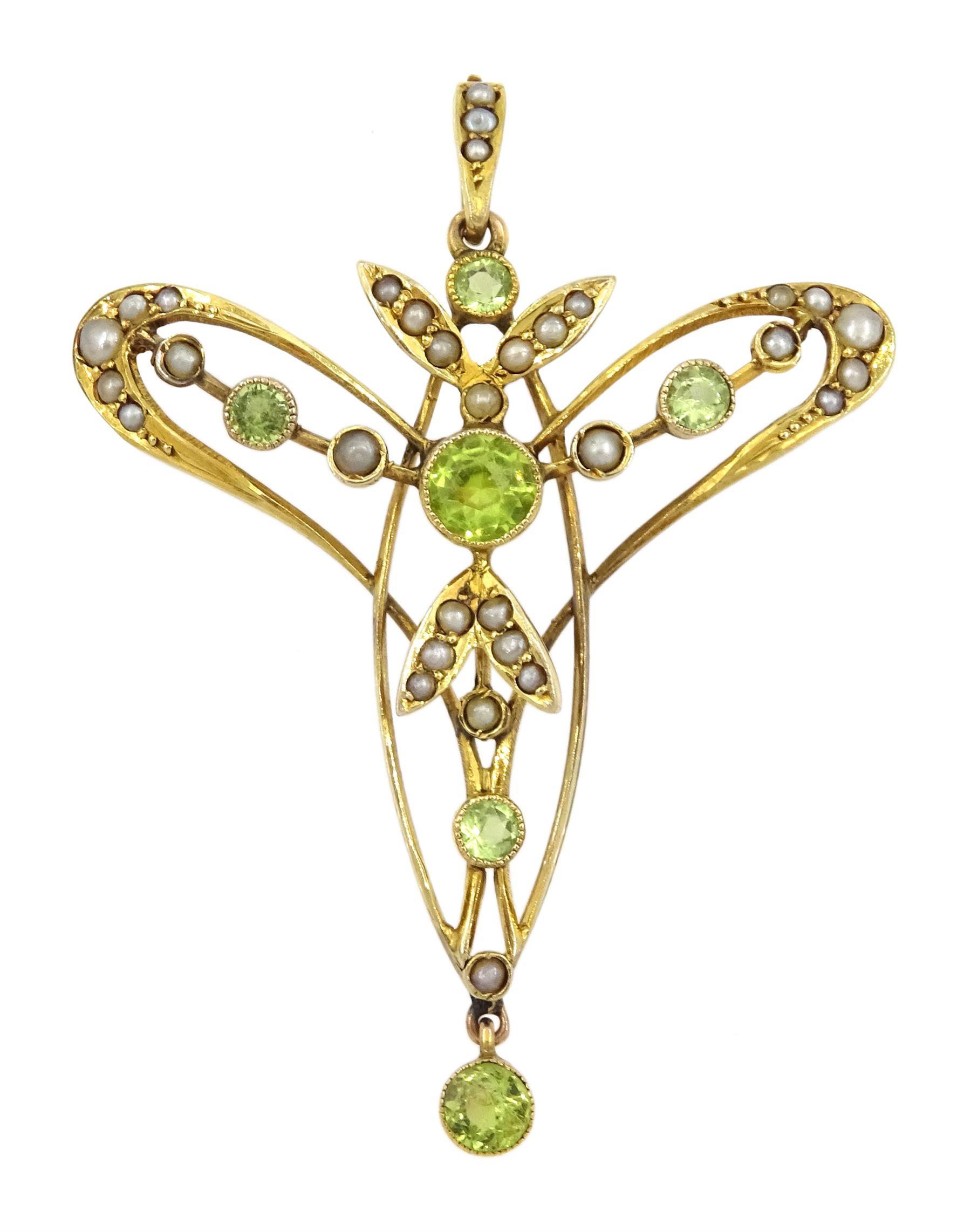 Edwardian Art Nouveau gold peridot and seed pearl pendant/brooch