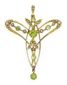 Edwardian Art Nouveau gold peridot and seed pearl pendant/brooch