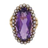 Victorian 9ct gold oval amethyst and seed pearl cluster ring