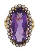 Victorian 9ct gold oval amethyst and seed pearl cluster ring