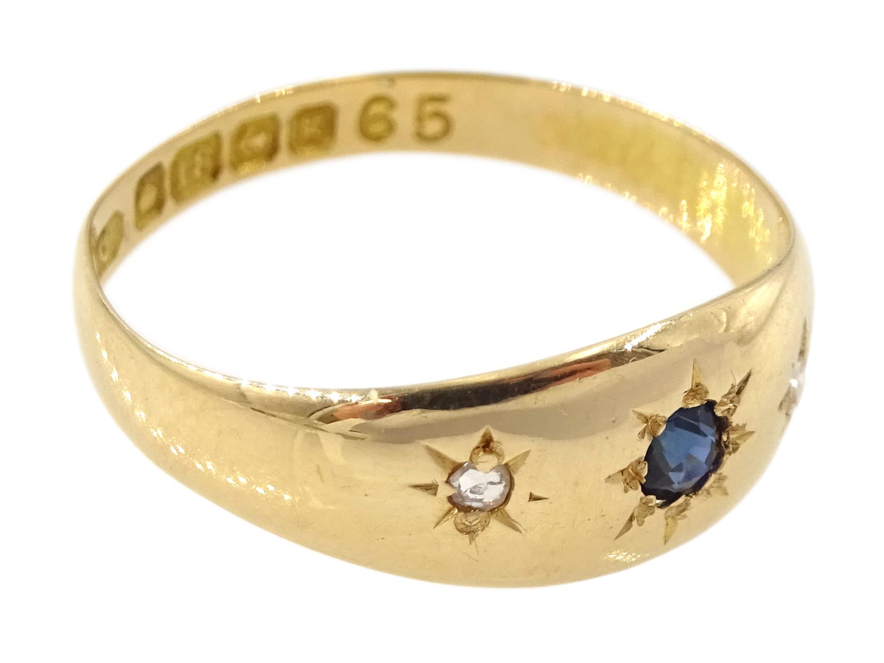 Edwardian 18ct gold gypsy set three stone sapphire and diamond ring by A W Crosbee & Co - Image 3 of 4