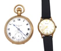 Early 20th century gold-plated open face keyless swiss lever Dreadnought pocket watch by Record Watc