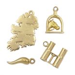 Four 9ct gold pendant/charms including map of Ireland