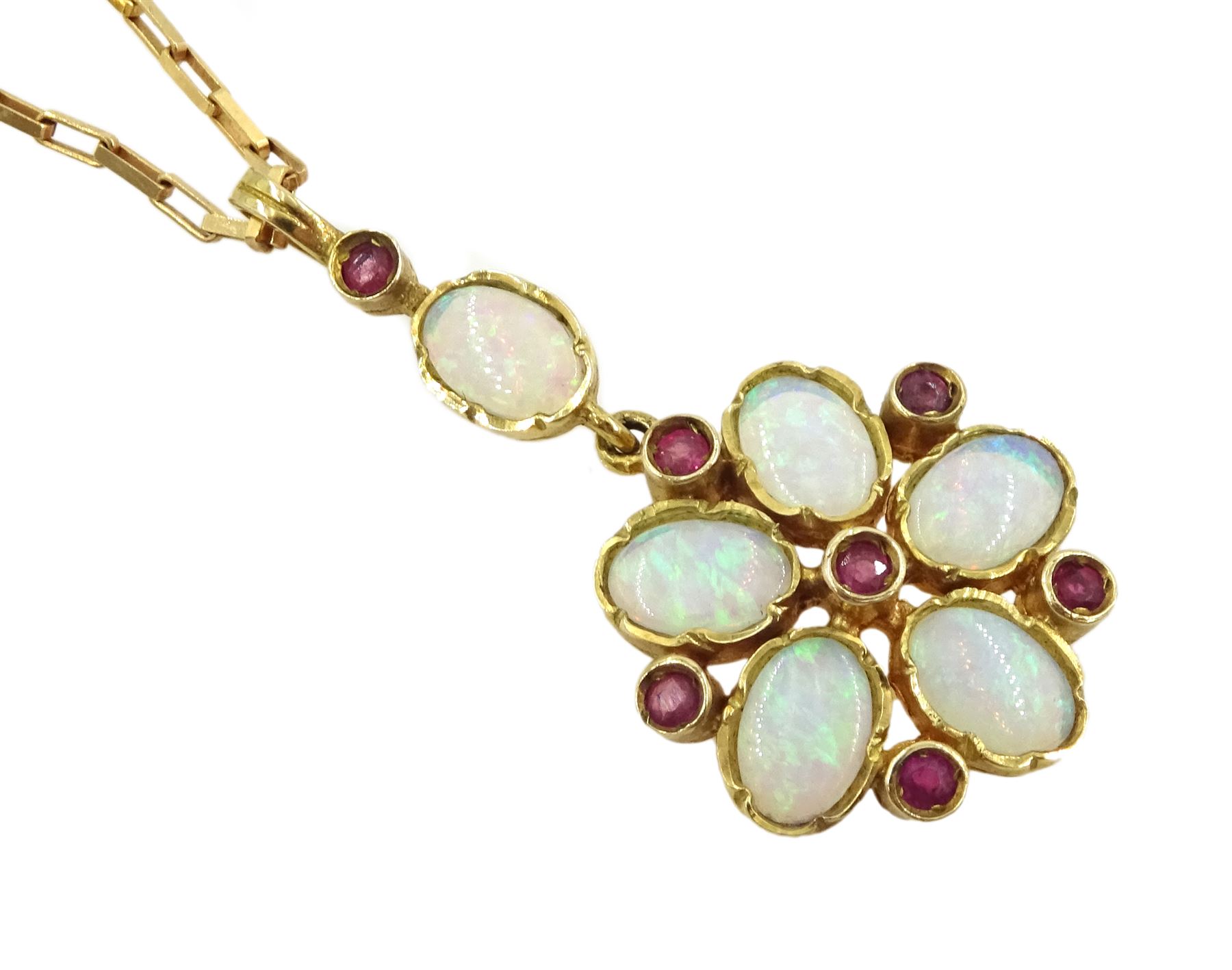 9ct gold opal and ruby flower pendant necklace - Image 2 of 3