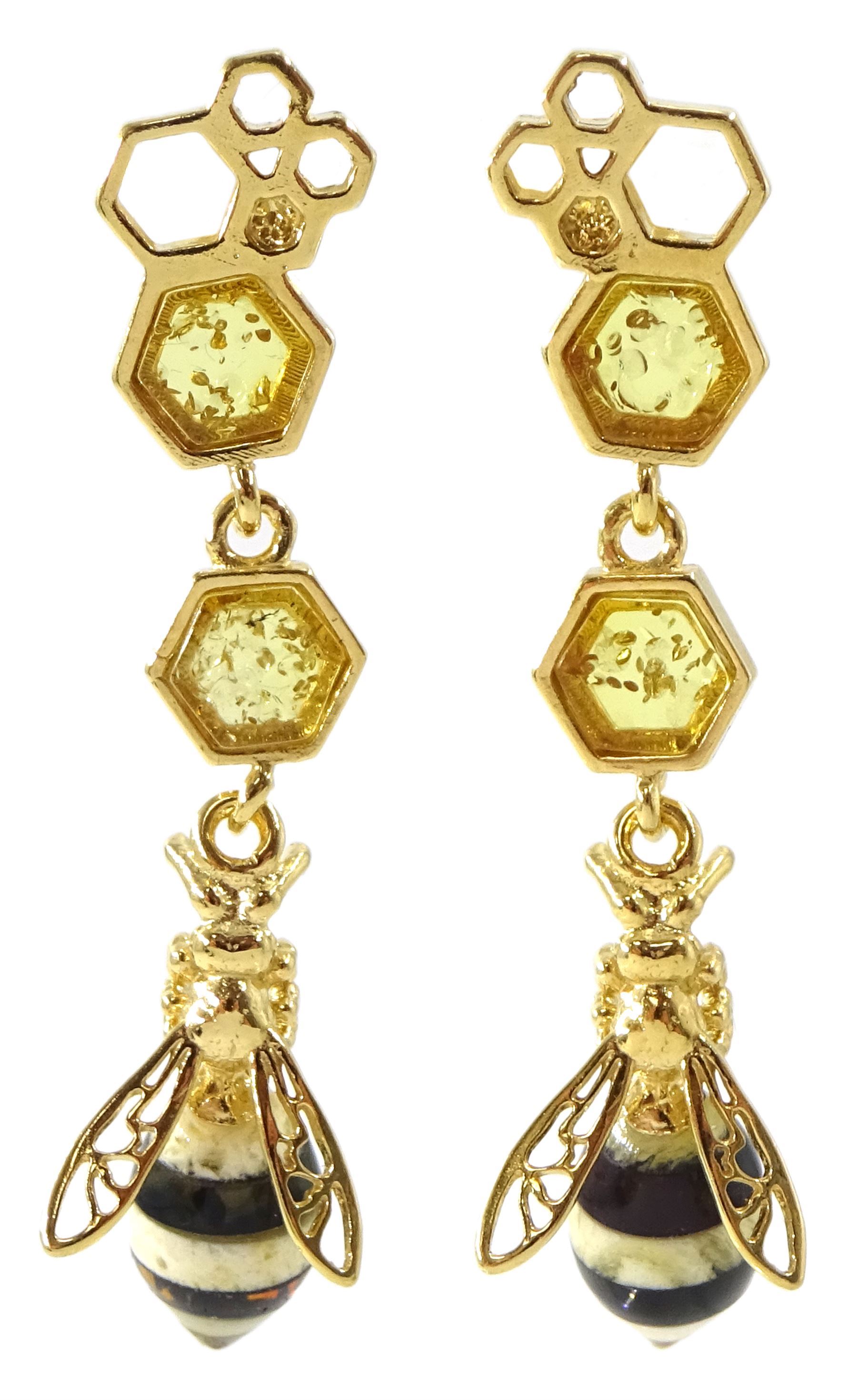 Pair of silver-gilt Baltic amber honey bee earrings