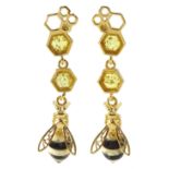 Pair of silver-gilt Baltic amber honey bee earrings