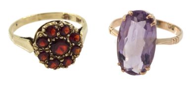 Early 20th century rose gold single stone amethyst ring and a later garnet cluster ring