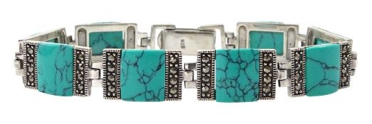 Silver turquoise and marcasite rectangle link bracelet