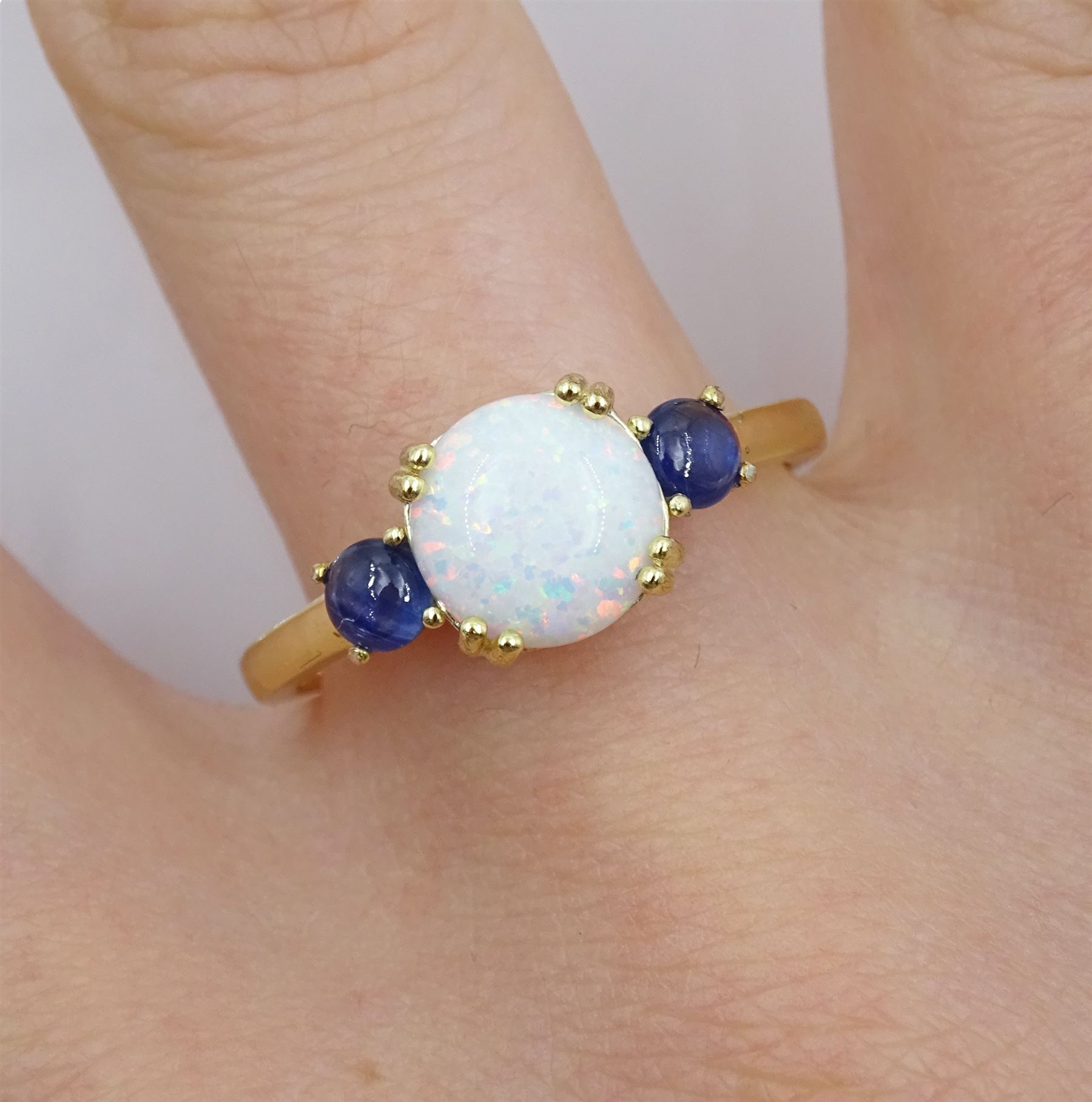 Silver-gilt three stone opal and sapphire ring - Image 2 of 4