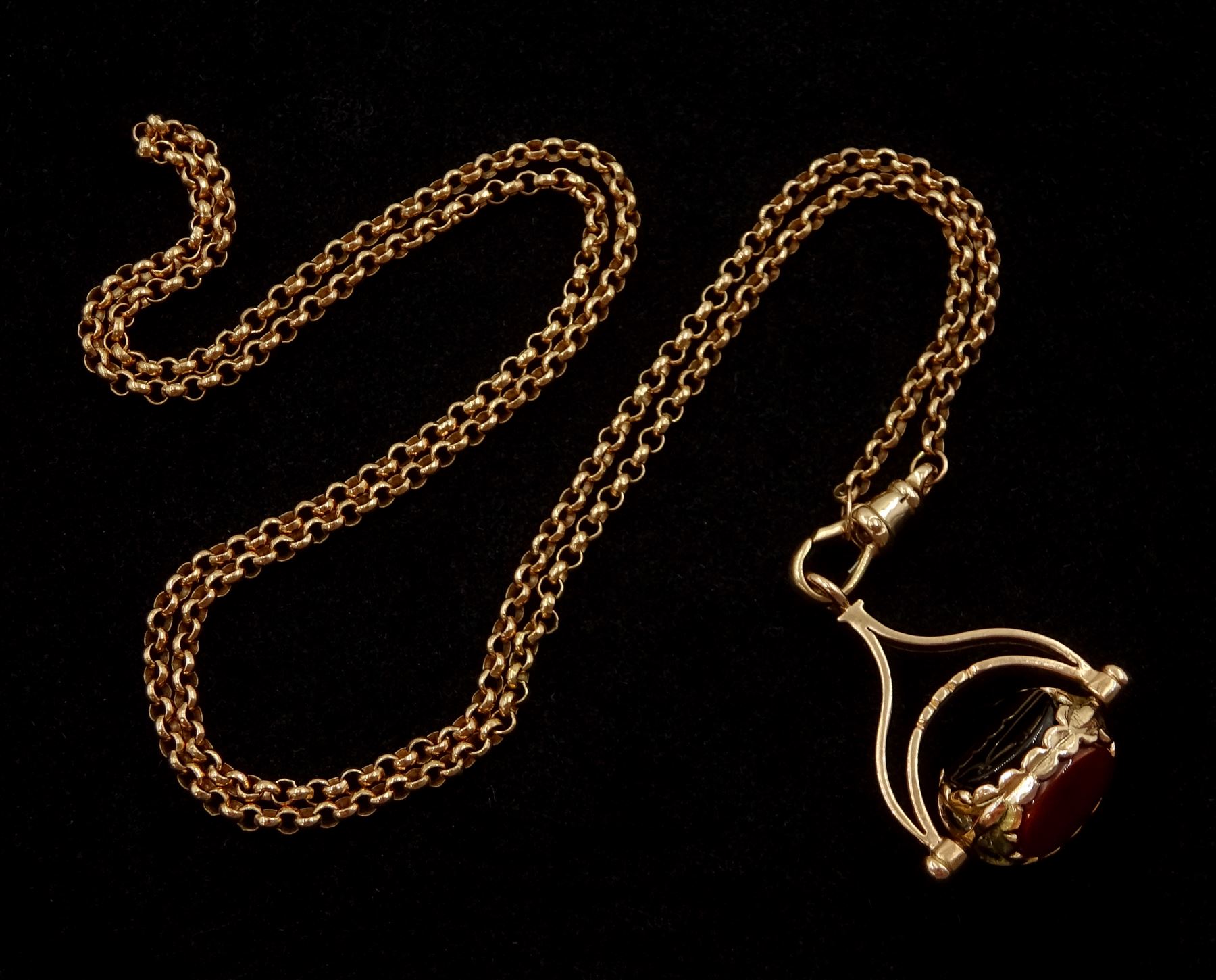 9ct gold belcher link necklace with clip and a 9ct rose gold spinner fob pendant set with onyx - Image 2 of 3