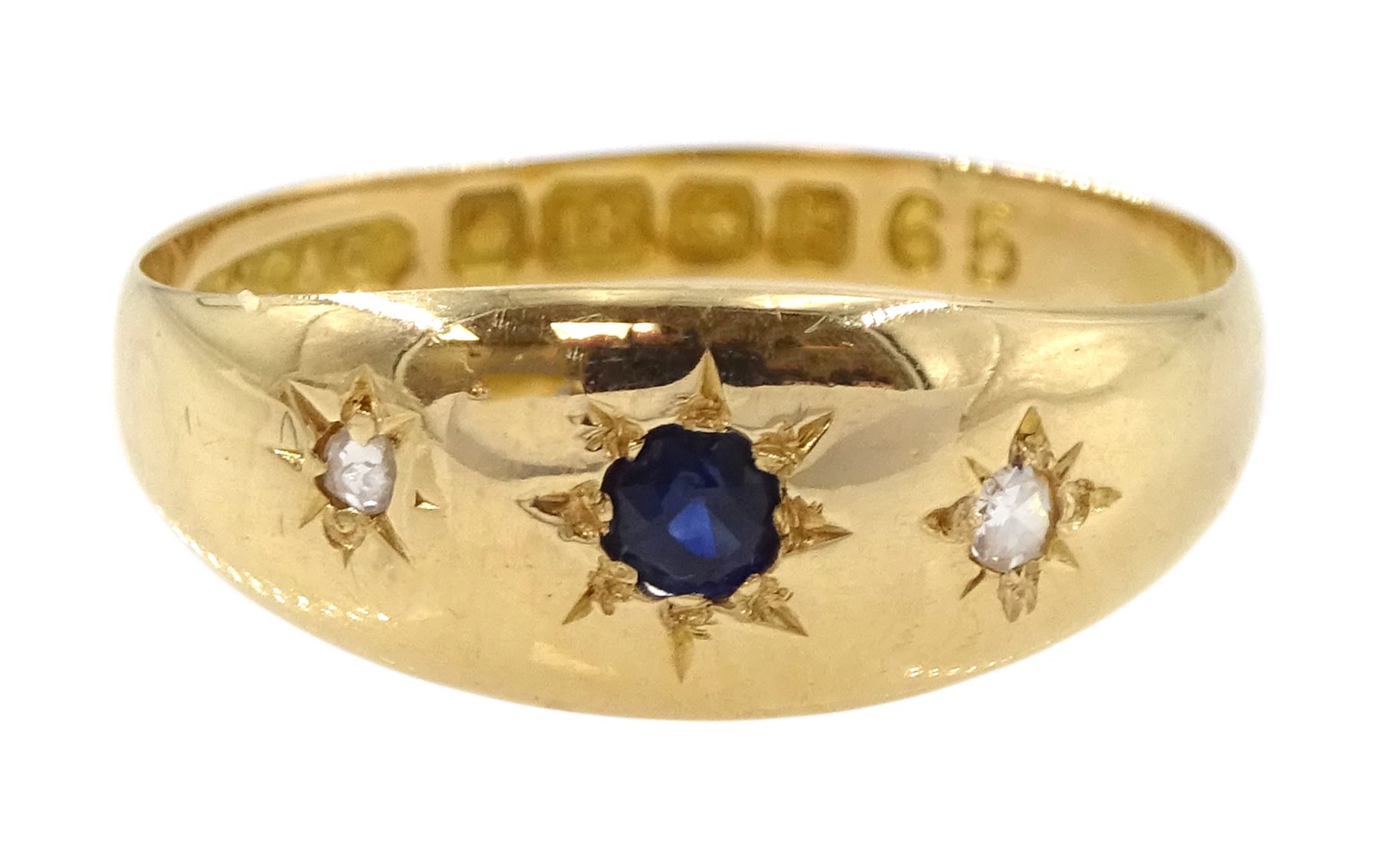 Edwardian 18ct gold gypsy set three stone sapphire and diamond ring by A W Crosbee & Co