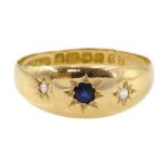 Edwardian 18ct gold gypsy set three stone sapphire and diamond ring by A W Crosbee & Co
