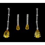 Pair of 9ct white gold pear shaped citrine and diamond pendant stud earrings