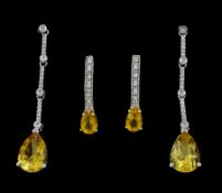 Pair of 9ct white gold pear shaped citrine and diamond pendant stud earrings