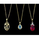 Three 9ct gold pendant necklaces including Mackintosh design