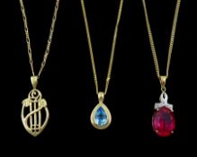Three 9ct gold pendant necklaces including Mackintosh design