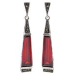 Pair of silver red paste and marcasite pendant earrings
