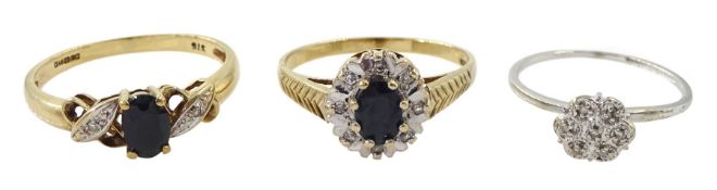 Two gold sapphire and diamond chip rings and a white gold diamond chip cluster ring