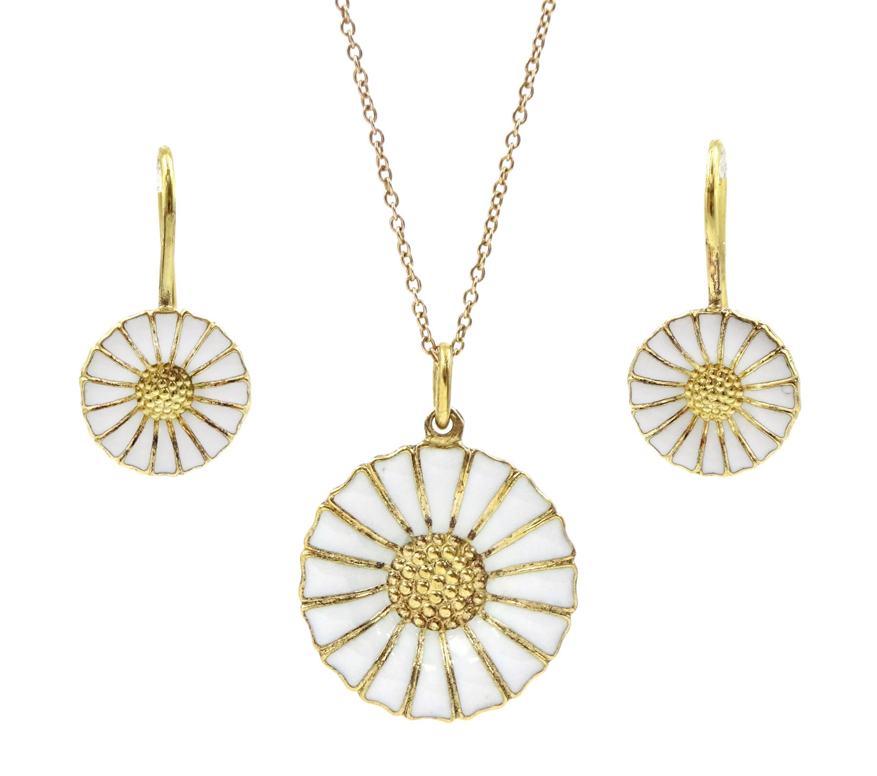 Silver-gilt white enamel daisy pendant necklace and matching pair of pendant earrings by Georg Jense