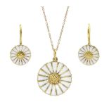 Silver-gilt white enamel daisy pendant necklace and matching pair of pendant earrings by Georg Jense