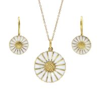 Silver-gilt white enamel daisy pendant necklace and matching pair of pendant earrings by Georg Jense