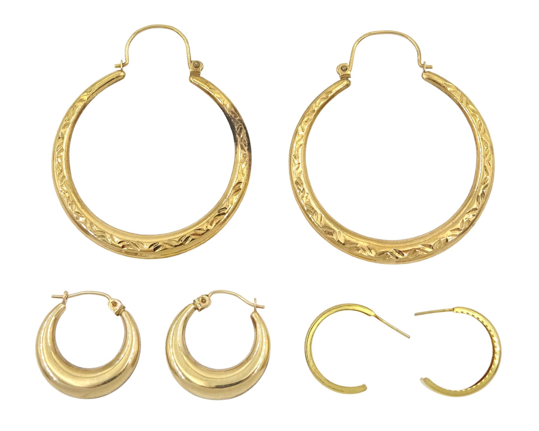 Three pairs of 9ct gold hoop earrings