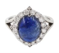 18ct gold cabochon sapphire and round brilliant cut diamond cluster ring