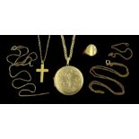 Gold circular locket pendant necklace and cross pendant necklace