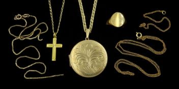 Gold circular locket pendant necklace and cross pendant necklace