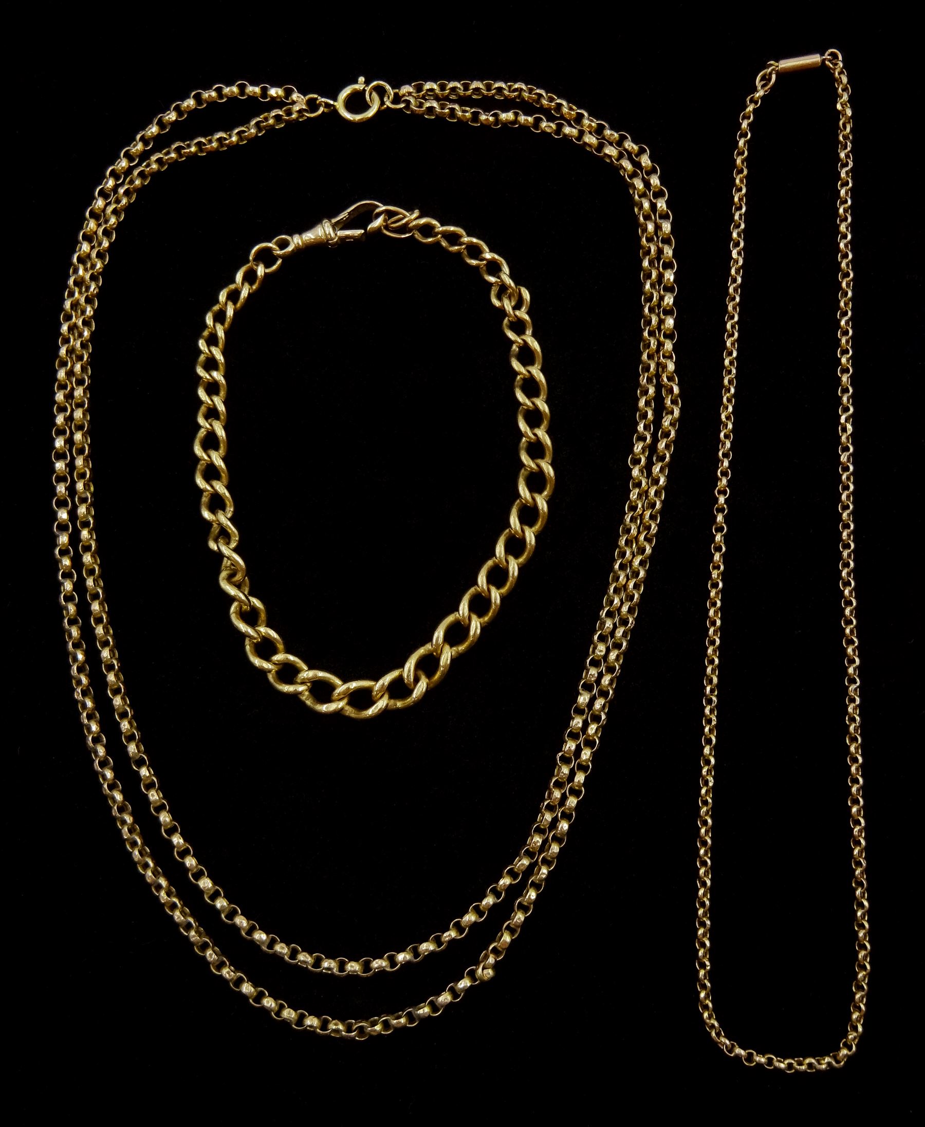 Gold curb link bracelet and two belcher link necklaces