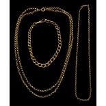 Gold curb link bracelet and two belcher link necklaces