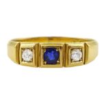 Victorian 18ct gold three stone old cut diamond and oval cut sapphire ring