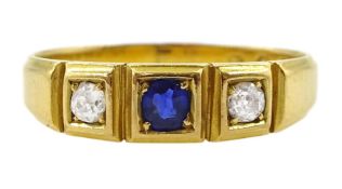 Victorian 18ct gold three stone old cut diamond and oval cut sapphire ring